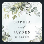 Dusty Blue Eucalyptus Greenery Succulent Wedding Square Sticker<br><div class="desc">This design is available with two different dusty blue shades.  One option is more dustier than the other and leans towards a gray-dusty blue.  This one that you are currently viewing leans more towards blue for the watercolor splashes.  Compare each on-screen preview for a perfect match when it comes to...</div>
