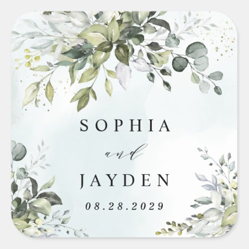 Dusty Blue Eucalyptus Greenery Succulent Wedding Square Sticker - This design is available with two different dusty blue shades.  One option is more dustier than the other and leans towards a gray-dusty blue.  This one that you are currently viewing leans more towards blue for the watercolor splashes.  Compare each on-screen preview for a perfect match when it comes to your wedding shade since there are different variations of this popular color.  Design features a bouquet of watercolor greenery, eucalyptus and a succulent over a dusty blue watercolor splash. Design also features specks of painted (printed) gold and green.  This is a direct link to the full collection that has all matching watercolor splashes in this shade: https://bit.ly/396usk1