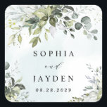 Dusty Blue Eucalyptus Greenery Succulent Wedding Square Sticker<br><div class="desc">This design is available with two different dusty blue shades.  One option is more dustier than the other and leans towards a gray-dusty blue.  This one that you are currently viewing leans more towards blue for the watercolor splashes.  Compare each on-screen preview for a perfect match when it comes to...</div>