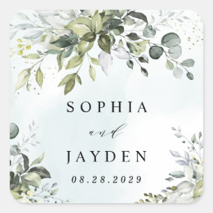 Dusty Blue Eucalyptus Greenery Succulent Wedding Square Sticker