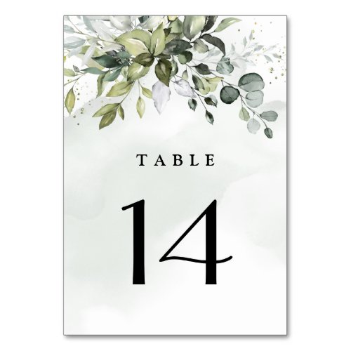 Dusty Blue Eucalyptus Greenery Succulent Wedding Table Number - Design features a bouquet of watercolor greenery, eucalyptus and a succulent over a dusty blue watercolor splash. Design also features specks of painted (printed) gold and green. View the collection link on this page to see all of the matching items in this beautiful design.