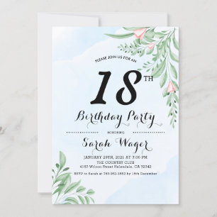 Dusty Blue Eucalyptus Greenery Sweet 18th Birthday Invitation