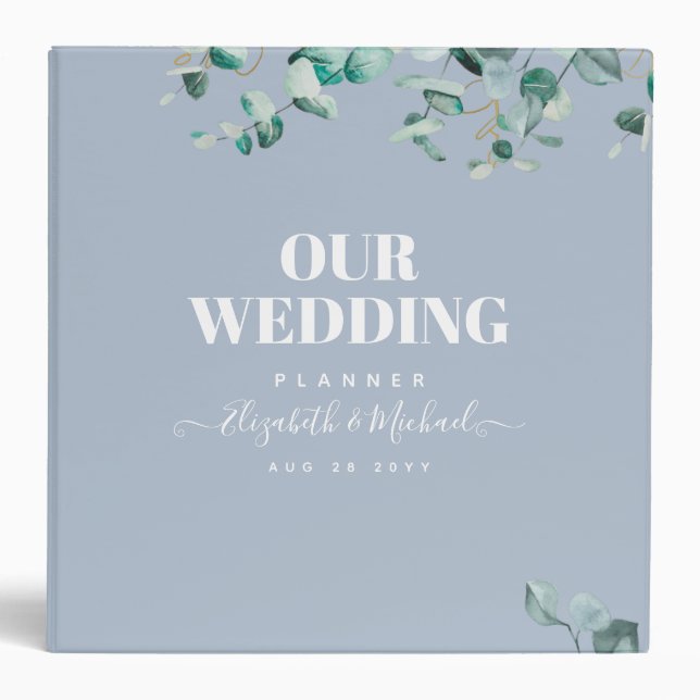 Dusty Blue Eucalyptus Greenery Wedding 3 Ring Binder (Front)
