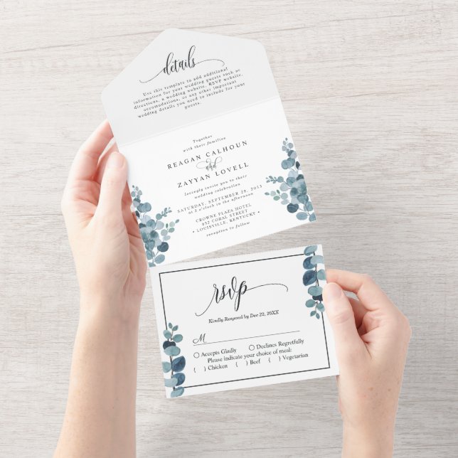 Dusty Blue Eucalyptus Greenery Wedding All In One Invitation (Tearaway)
