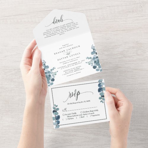 Dusty Blue Eucalyptus Greenery Wedding All In One Invitation