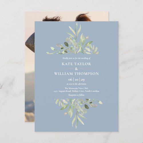 Dusty Blue Eucalyptus Greenery Wedding Photo Invitation Postcard