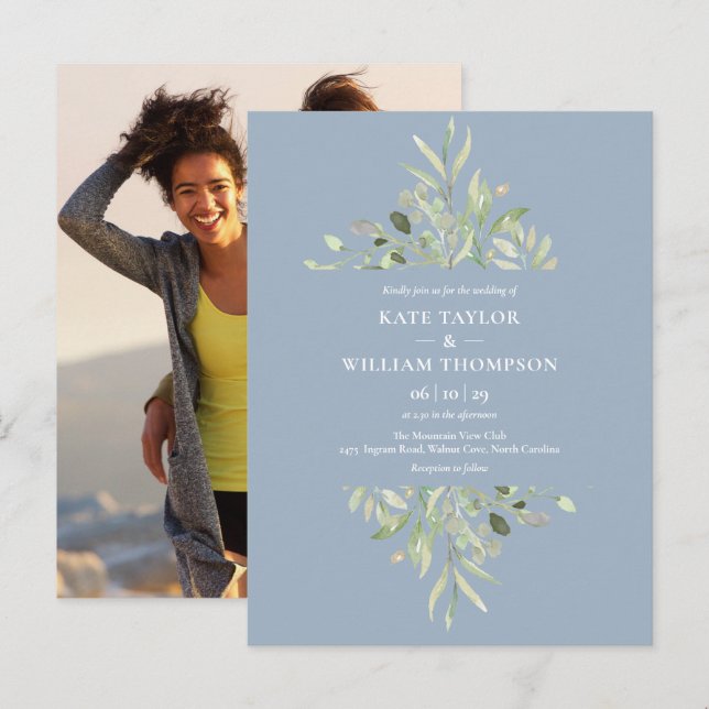 Dusty Blue Eucalyptus Greenery Wedding Photo Invitation Postcard (Front/Back)