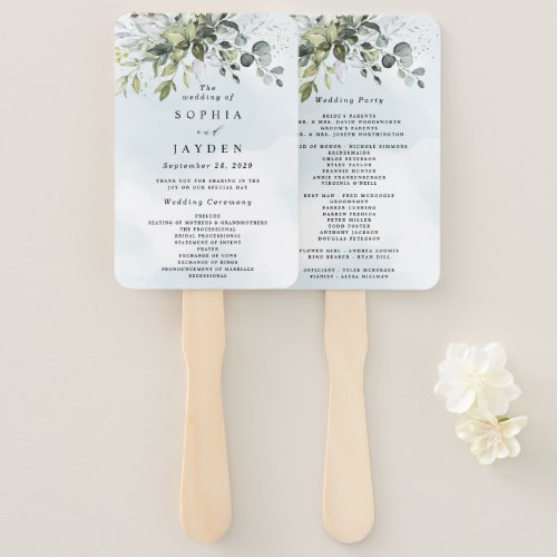 Dusty Blue Eucalyptus Greenery Wedding Programs Hand Fan - This design is available with two different dusty blue shades.  One option is more dustier than the other and leans towards a gray-dusty blue.  This one that you are currently viewing leans more towards blue for the watercolor splashes.  Compare each on-screen preview for a perfect match when it comes to your wedding shade since there are different variations of this popular color.  Design features a bouquet of watercolor greenery, eucalyptus and a succulent over a dusty blue watercolor splash. Design also features specks of painted (printed) gold and green.  This is a direct link to the full collection that has all matching watercolor splashes in this shade: https://bit.ly/396usk1