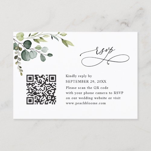 Dusty Blue Eucalyptus Greenery Wedding QR Code RSVP Card