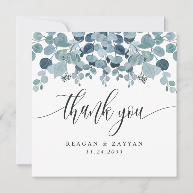 Dusty Blue Eucalyptus Greenery Wedding Thank You Card (Front)