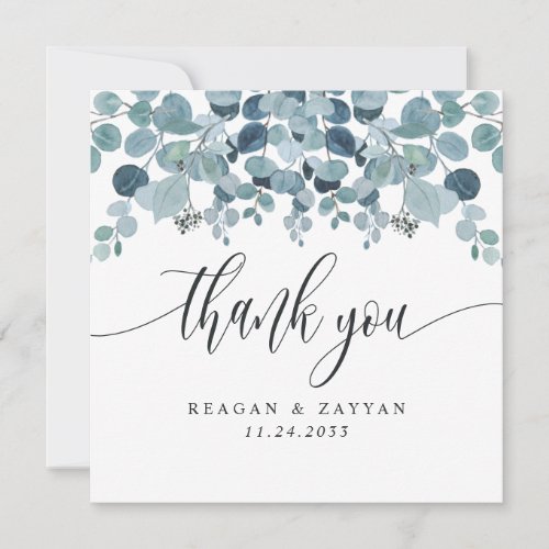 Dusty Blue Eucalyptus Greenery Wedding Thank You Card