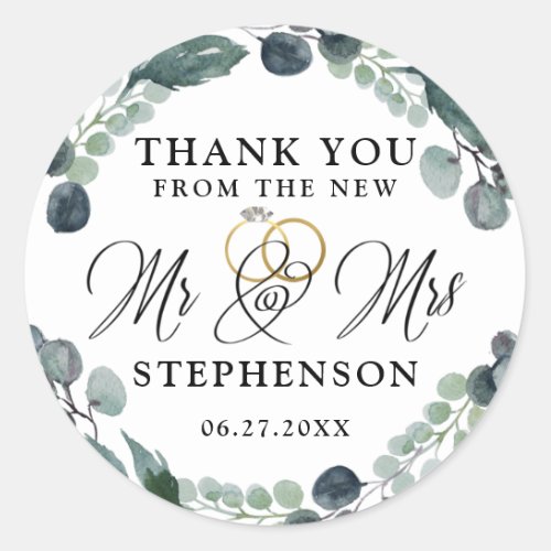 Dusty Blue Eucalyptus Greenery Wedding Thank You Classic Round Sticker