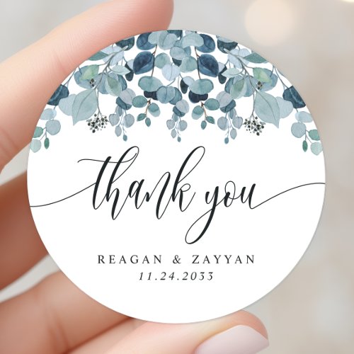 Dusty Blue Eucalyptus Greenery Wedding Thank You Classic Round Sticker