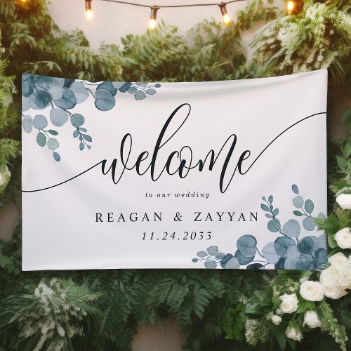 Dusty Blue Eucalyptus Greenery Wedding Welcome Banner