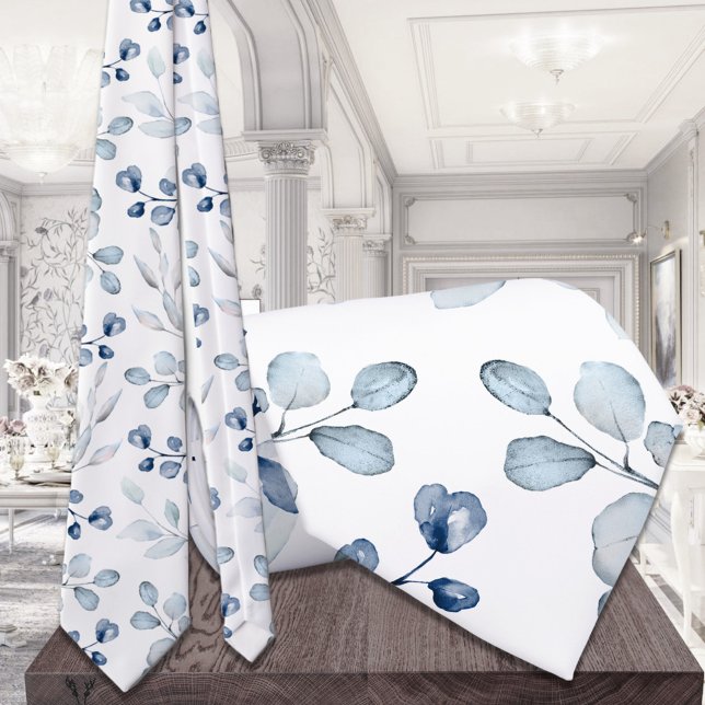 Dusty Blue Eucalyptus Greenery Wedding White Neck Tie (Creator Uploaded)