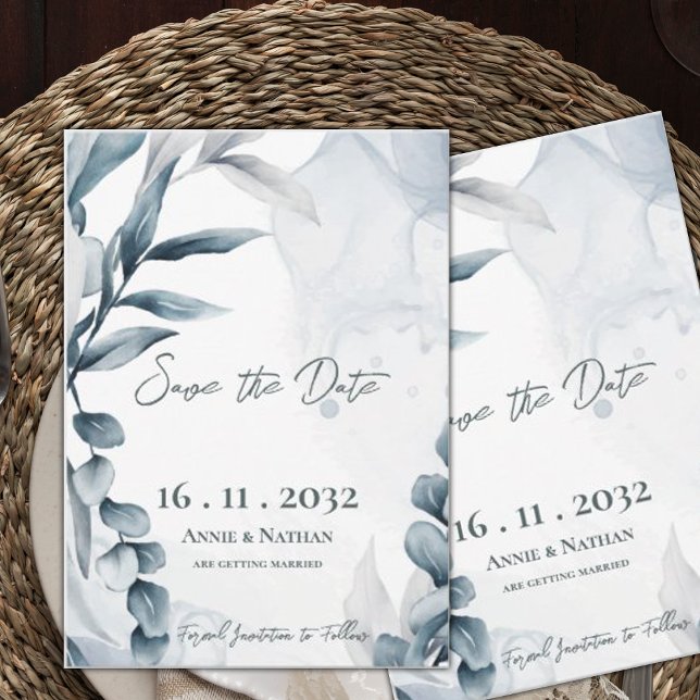 Dusty Blue Eucalyptus Leaves Elegant Wedding Save The Date (Dusty Blue Eucalyptus Leaves Elegant Wedding Save The Date)