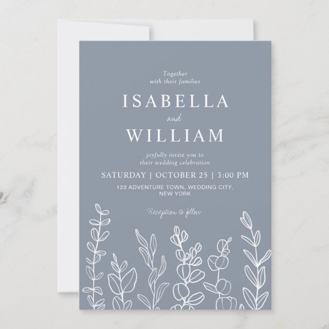 Dusty Blue Eucalyptus Leaves Wedding  Invitation (Front)