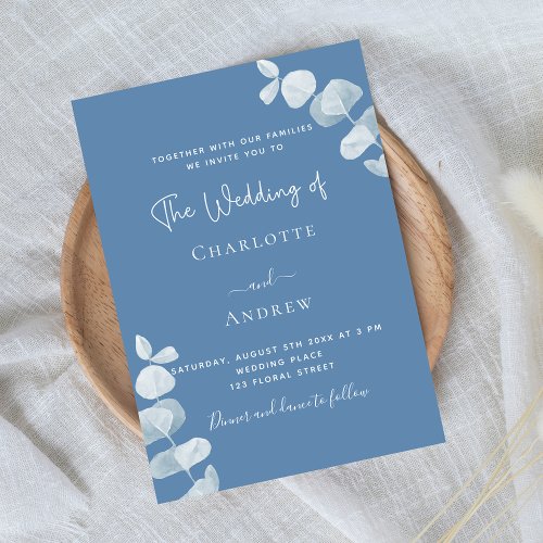 Dusty blue eucalyptus luxury wedding invitation