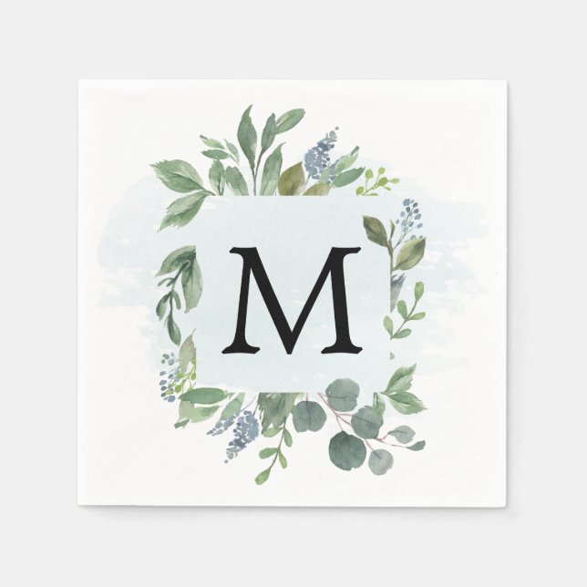 Dusty Blue Eucalyptus Monogram Cocktail Napkin (Front)