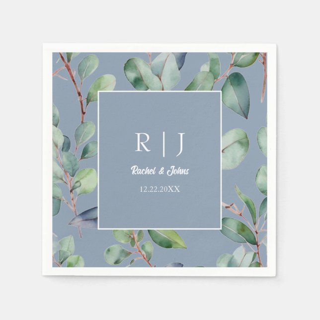Dusty Blue Eucalyptus Monogram Greenery Wedding Napkins (Front)