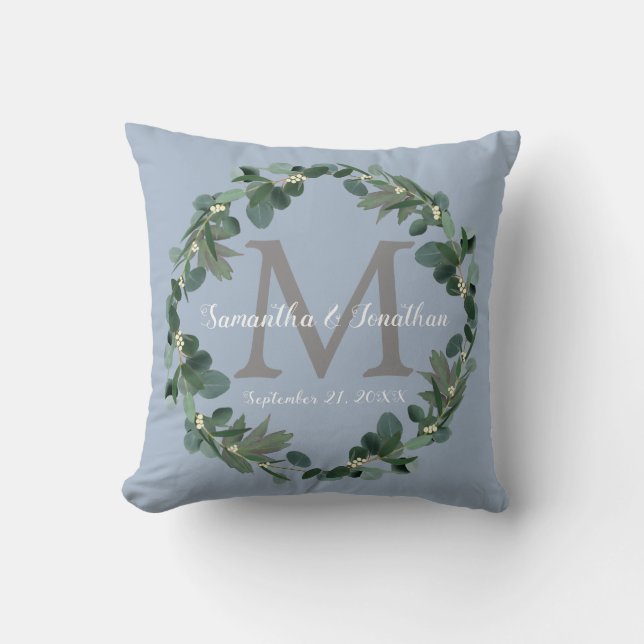 Dusty Blue Eucalyptus Monogram Wedding Keepsake Throw Pillow (Front)