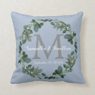 Dusty Blue Eucalyptus Monogram Wedding Keepsake Throw Pillow