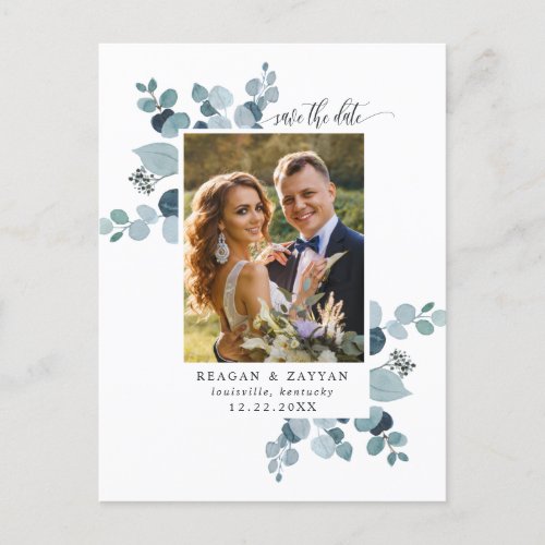 Dusty Blue Eucalyptus Photo Save The Date Announcement Postcard