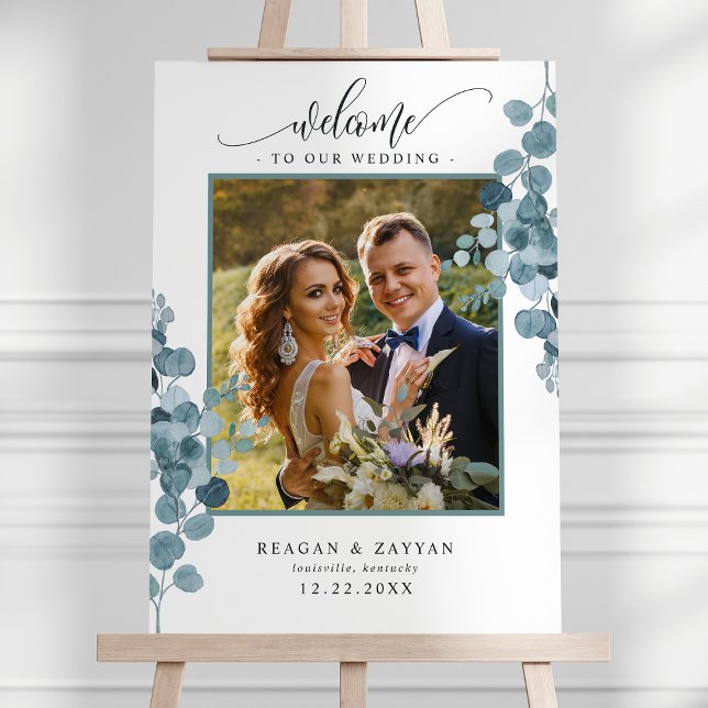 Dusty Blue Eucalyptus Photo Wedding Welcome Foam Board (Creator Uploaded)