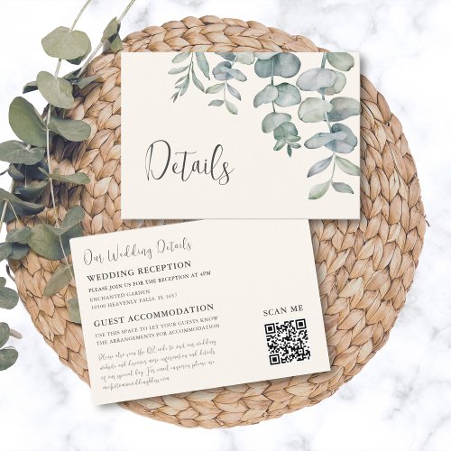 Dusty Blue Eucalyptus QR Code Wedding Details Enclosure Card
