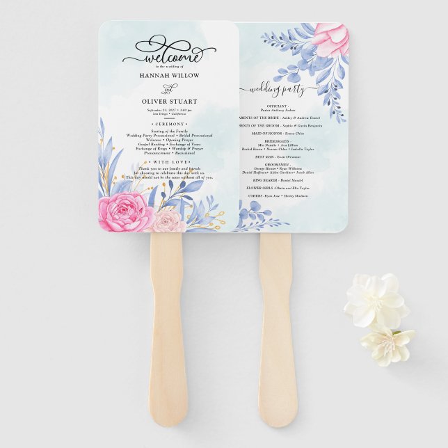 Dusty Blue Eucalyptus Rose Floral Wedding Program Hand Fan (Front and Back)