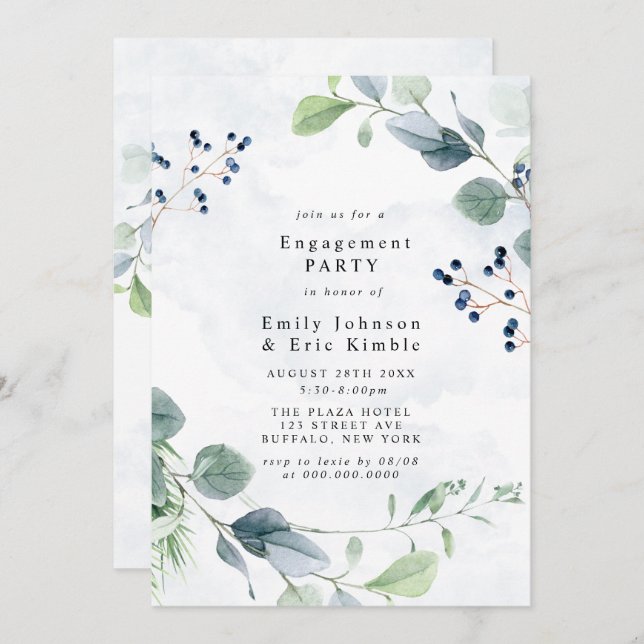 Dusty Blue Eucalyptus Rustic Engagement Party Invitation (Front/Back)