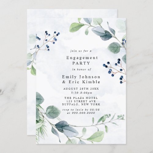 Dusty Blue Eucalyptus Rustic Engagement Party Invitation
