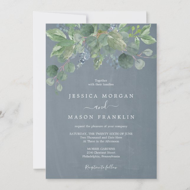 Dusty Blue Eucalyptus Rustic Wedding Invitation (Front)