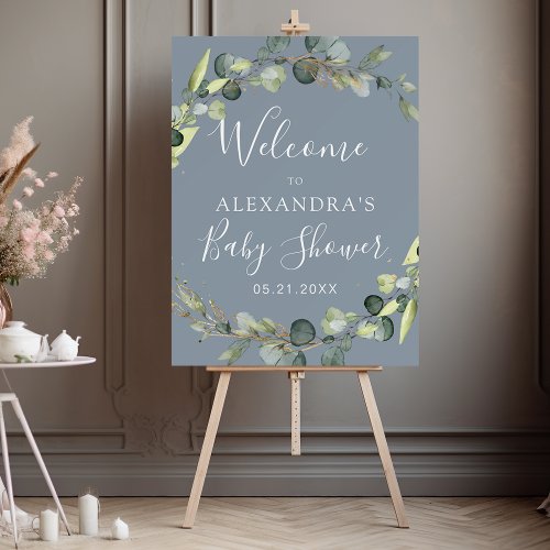 Dusty Blue Eucalyptus Sage Green Baby Shower Foam Board by Pretty Girly Designs