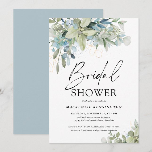 Dusty Blue Eucalyptus Script Bridal Shower Invitation (Front/Back)