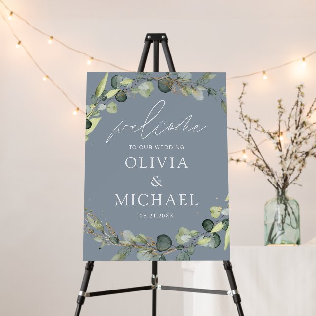 Dusty Blue Eucalyptus Script Wedding Welcome Foam Board (In Situ (Stand))