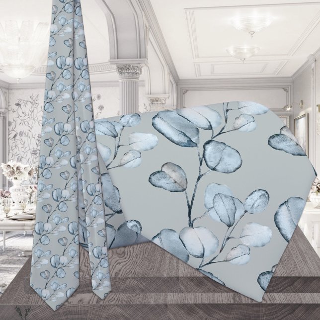 Dusty Blue Eucalyptus Sprigs Silver Sage Wedding Neck Tie (Creator Uploaded)