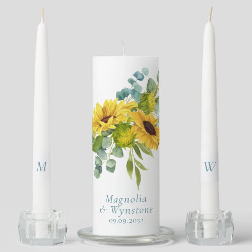 Dusty Blue Eucalyptus Sunflower Monogram Wedding Unity Candle Set