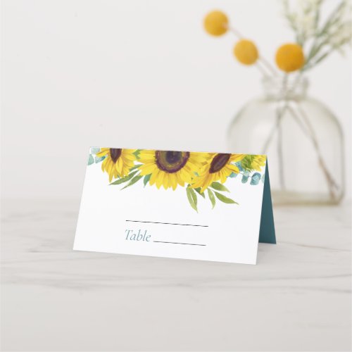 Dusty Blue Eucalyptus Sunflower Wedding Place Card