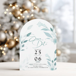 Dusty Blue Eucalyptus Teal Photo QR Code Wedding Save The Date