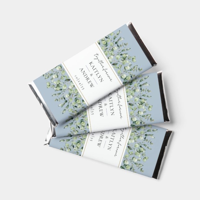Dusty Blue Eucalyptus Together Forever Wedding Hershey Bar Favors (Front)