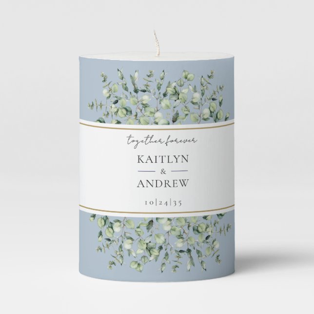Dusty Blue Eucalyptus Together Forever Wedding Pillar Candle (Front)