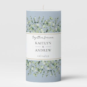 Dusty Blue Eucalyptus Together Forever Wedding Pillar Candle