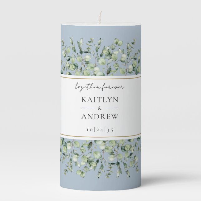 Dusty Blue Eucalyptus Together Forever Wedding Pillar Candle (Front)