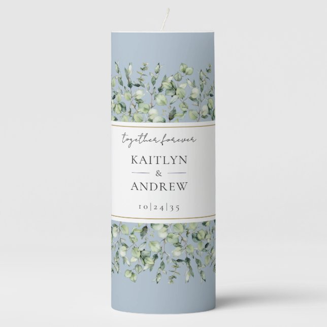 Dusty Blue Eucalyptus Together Forever Wedding Pillar Candle (Front)