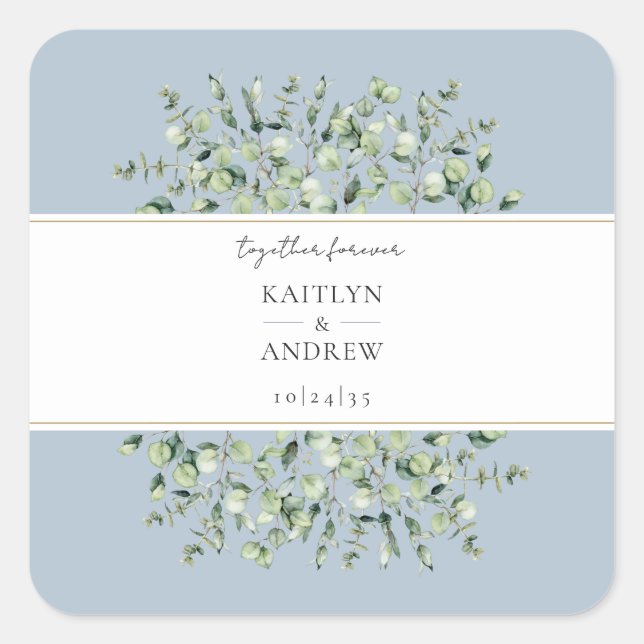 Dusty Blue Eucalyptus Together Forever Wedding  Square Sticker (Front)