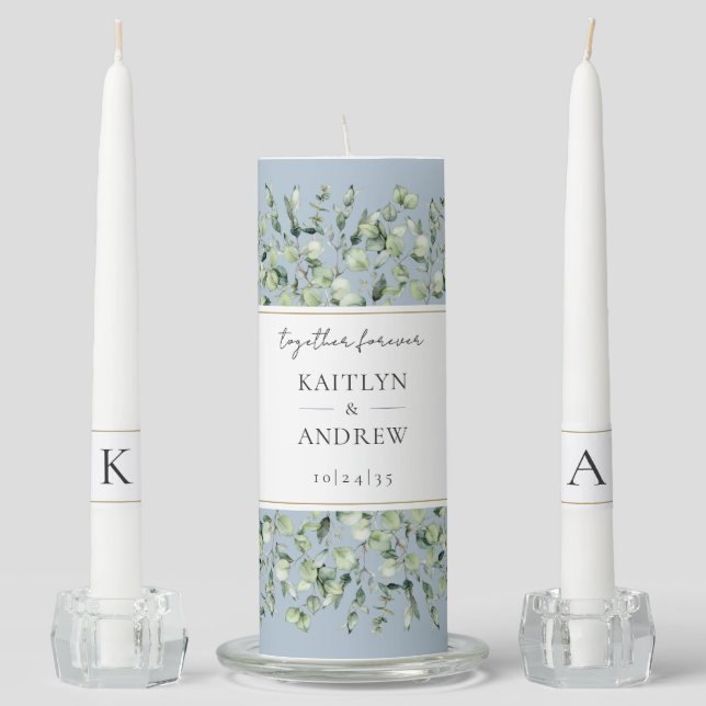 Dusty Blue Eucalyptus Together Forever Wedding Unity Candle Set (Front)