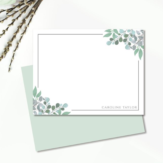 Dusty Blue Eucalyptus Vines Thin Border Stationery Note Card (Creator Uploaded)