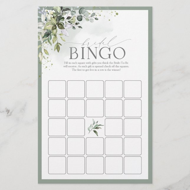 Dusty Blue Eucalyptus Watercolor Bridal Bingo Game (Front)