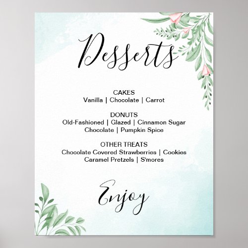 Dusty Blue Eucalyptus Wedding Dessert Menu Sign